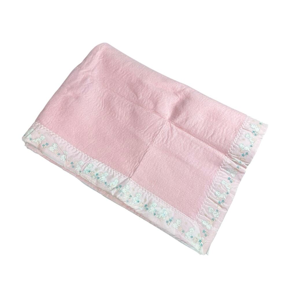 Vtg Pink Baby Blanket Satin White Teddy Bear Floral Trim 36.5" x 52"